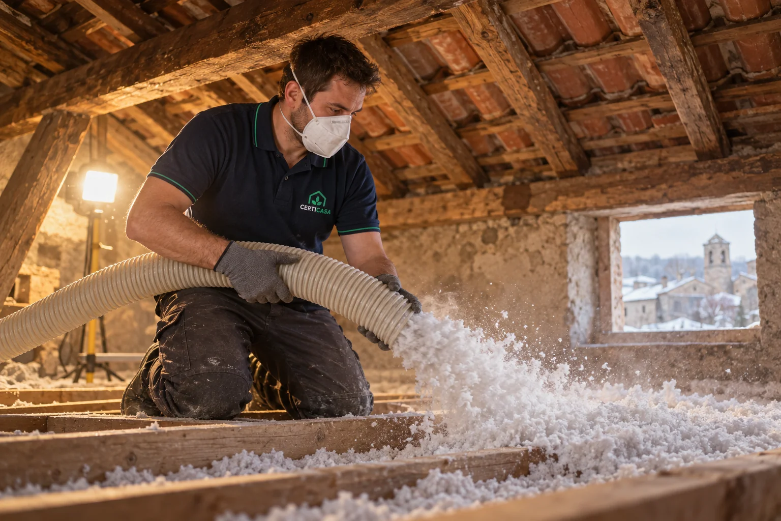 Técnico insuflando lana mineral en la buhardilla de una casa de piedra