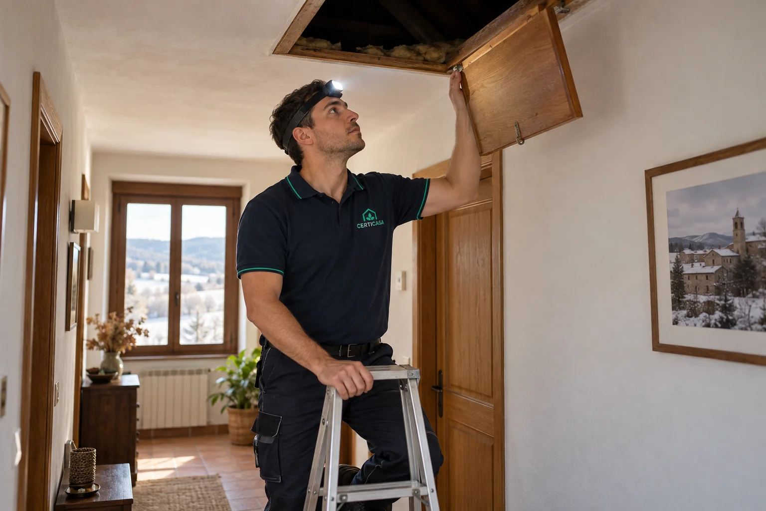 Técnico abriendo la trampilla de acceso a la buhardilla desde una escalera