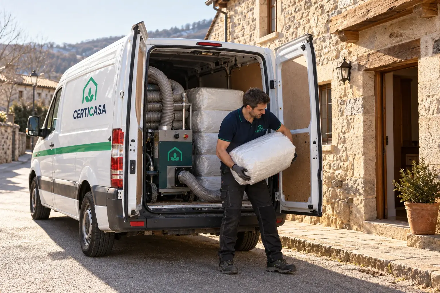 Técnico descargando sacos de lana mineral de la furgoneta frente a una casa de piedra