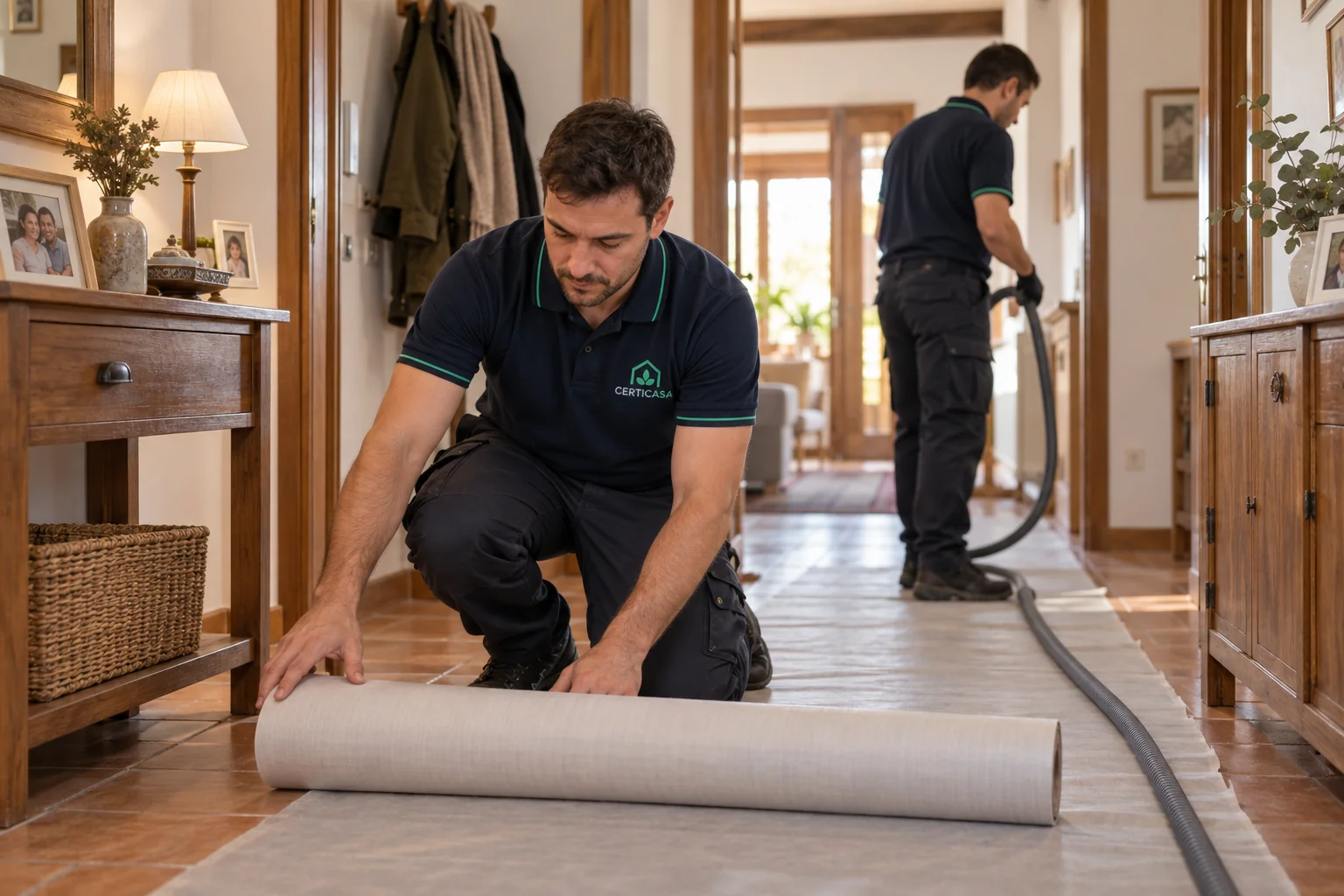 Técnico extendiendo una lona protectora en el suelo antes de la instalación