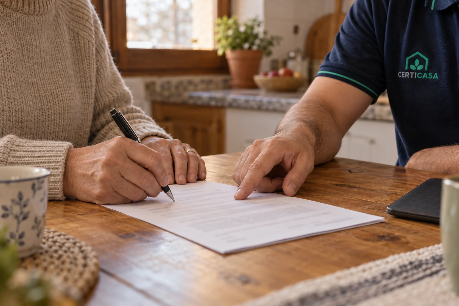 Propietaria firmando el acta de instalación junto a un técnico