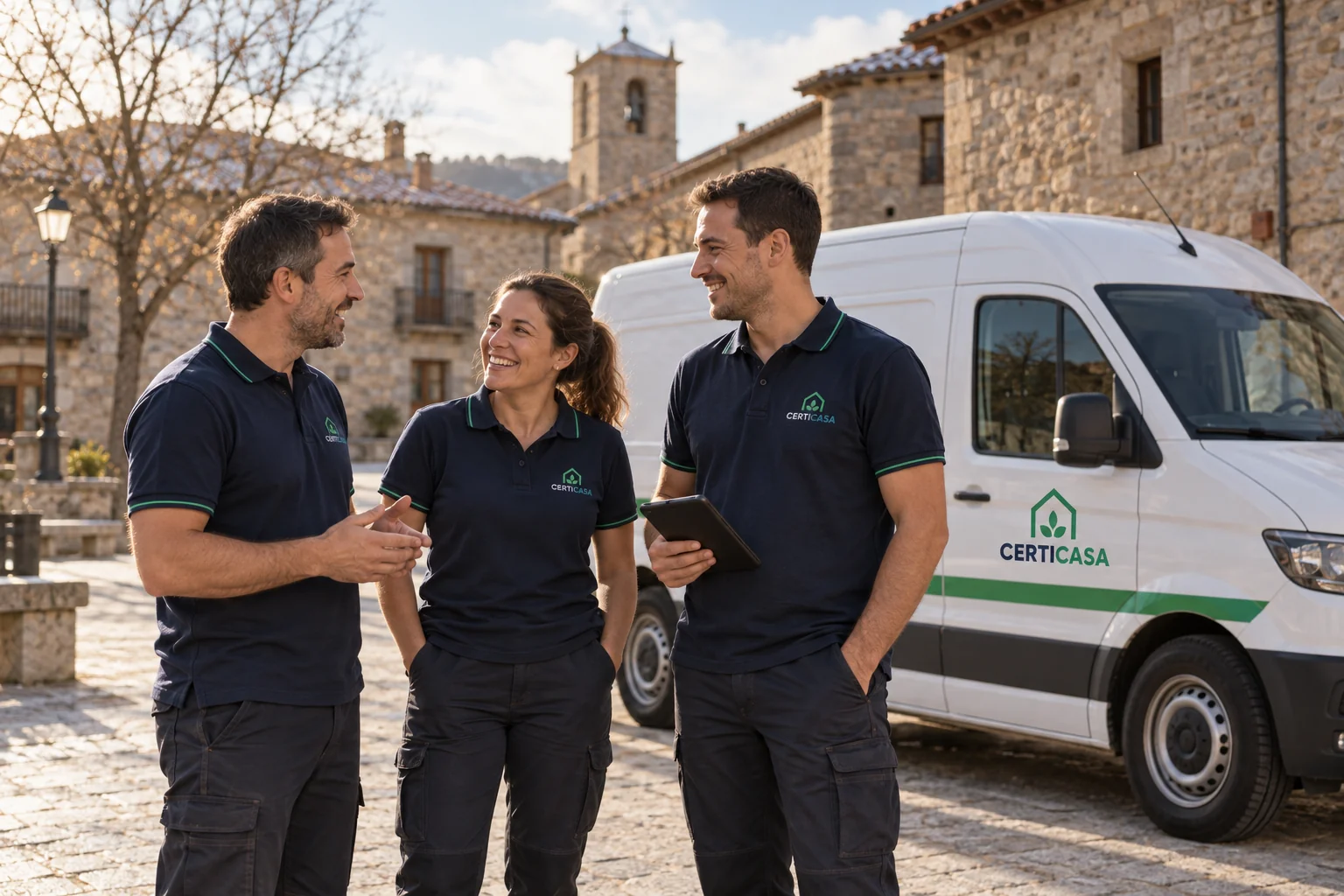 Técnicos junto a la furgoneta de la empresa en la plaza de un pueblo