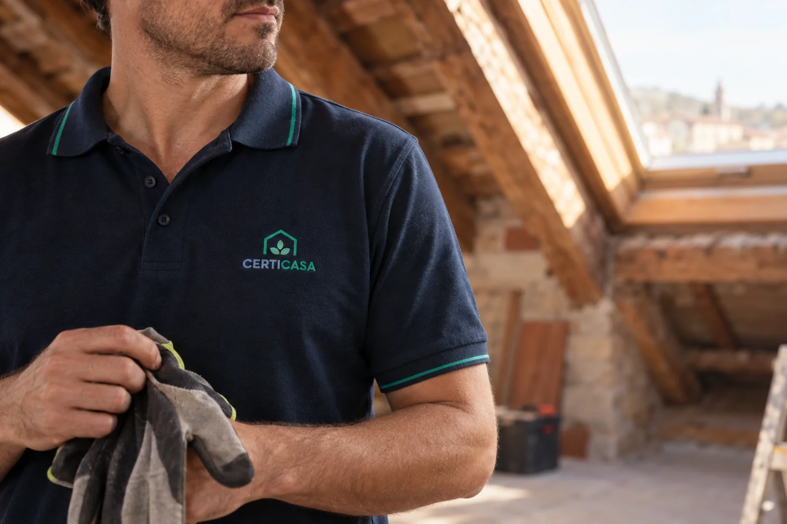 Detalle del polo de un técnico en una buhardilla con vigas de madera