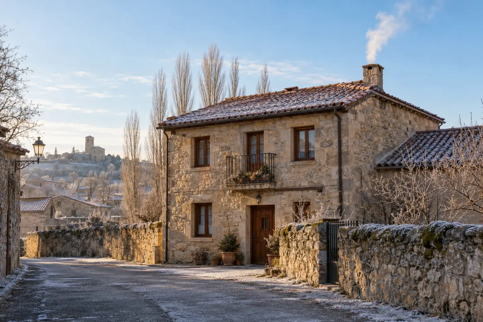 Casa tradicional de piedra de Castilla y León en una mañana de helada