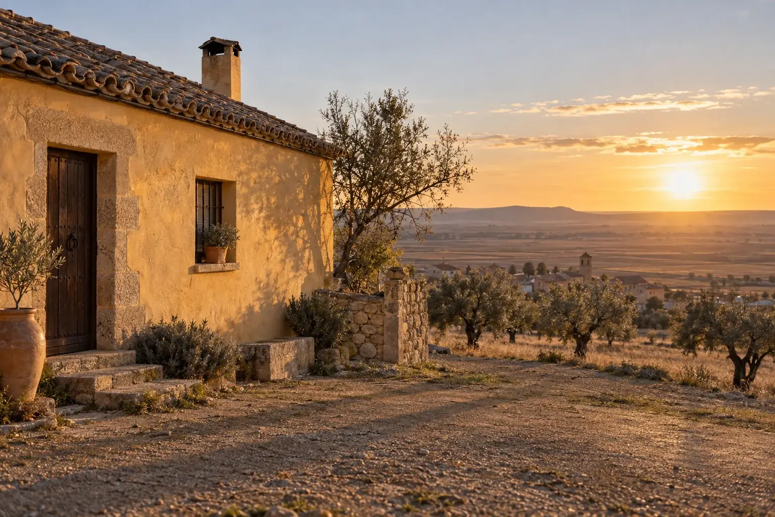 Casa manchega de muros claros entre olivos, al atardecer