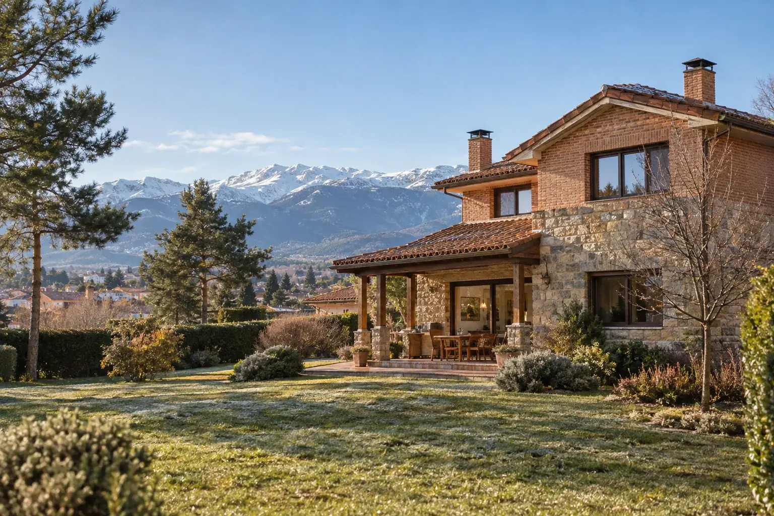 Chalet de ladrillo y piedra en la sierra, con montañas nevadas al fondo
