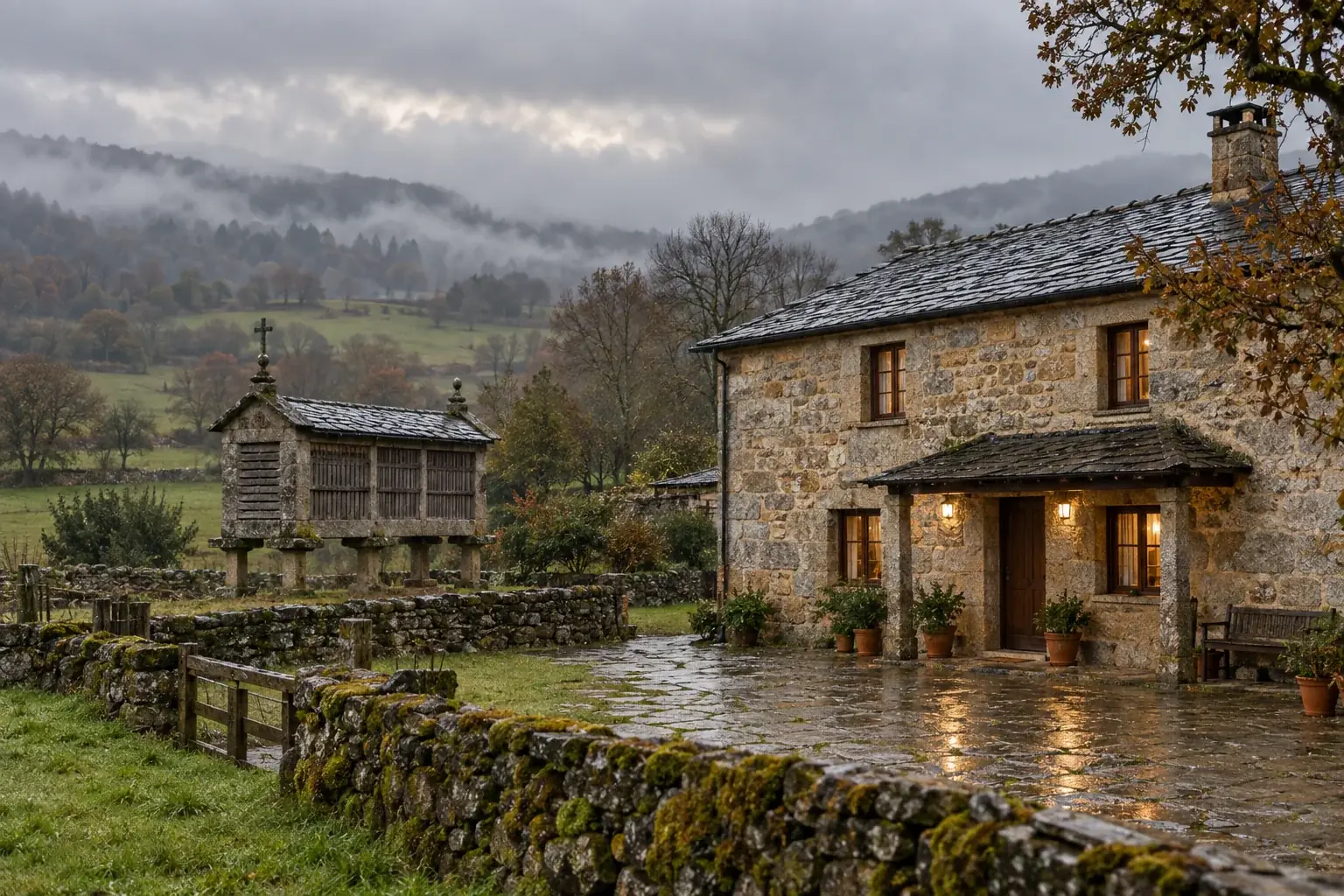 Casa gallega de piedra con hórreo en un día de lluvia