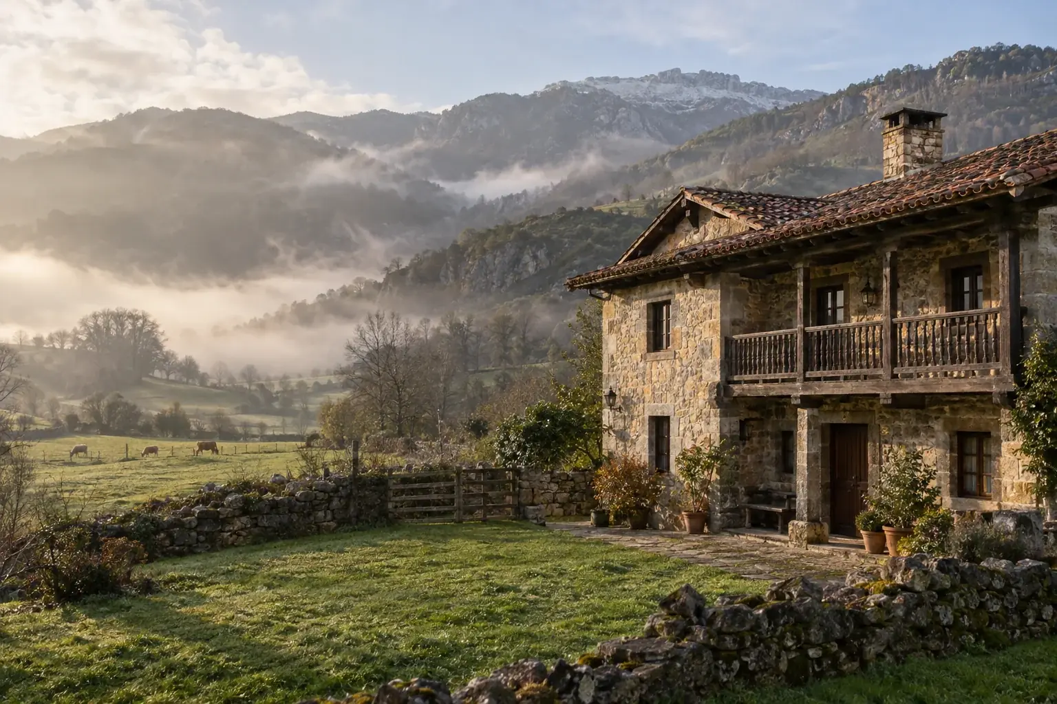 Casona de piedra con corredor de madera en un valle verde del norte