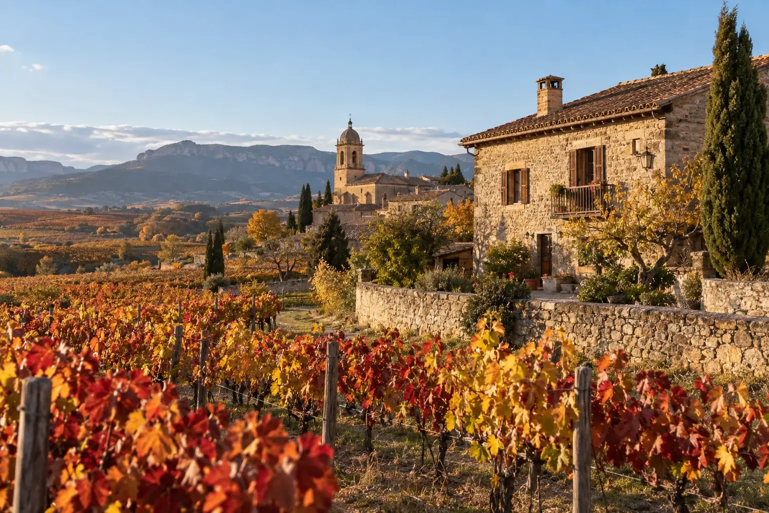Casa de piedra entre viñedos en otoño, en un pueblo del norte de España