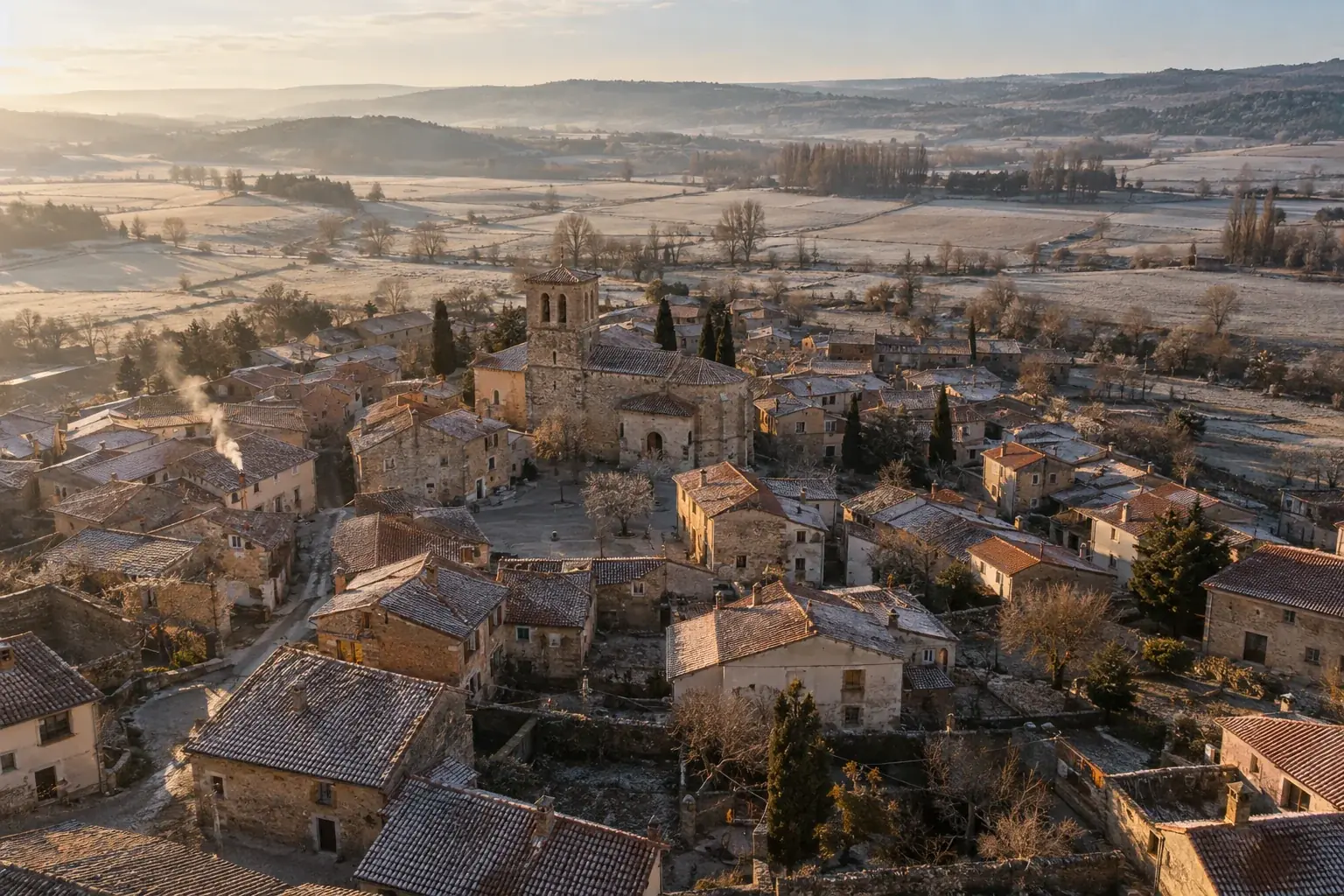 Vista aérea de un pueblo de interior con tejados de teja en una mañana de helada