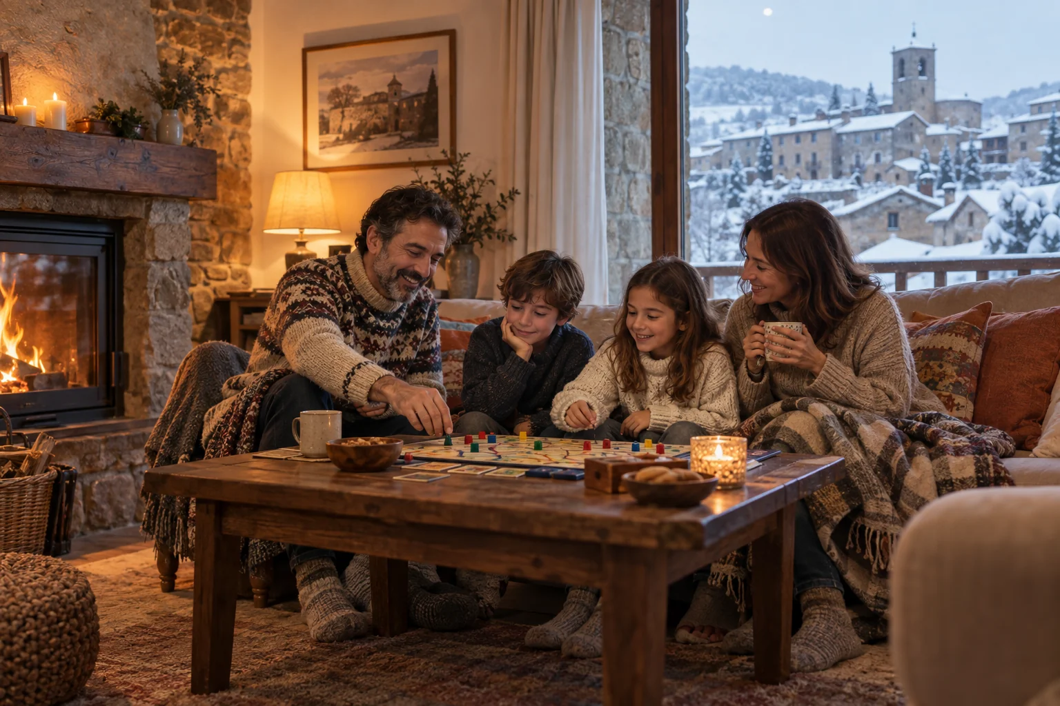 Familia jugando en el salón junto a la chimenea mientras nieva en el pueblo