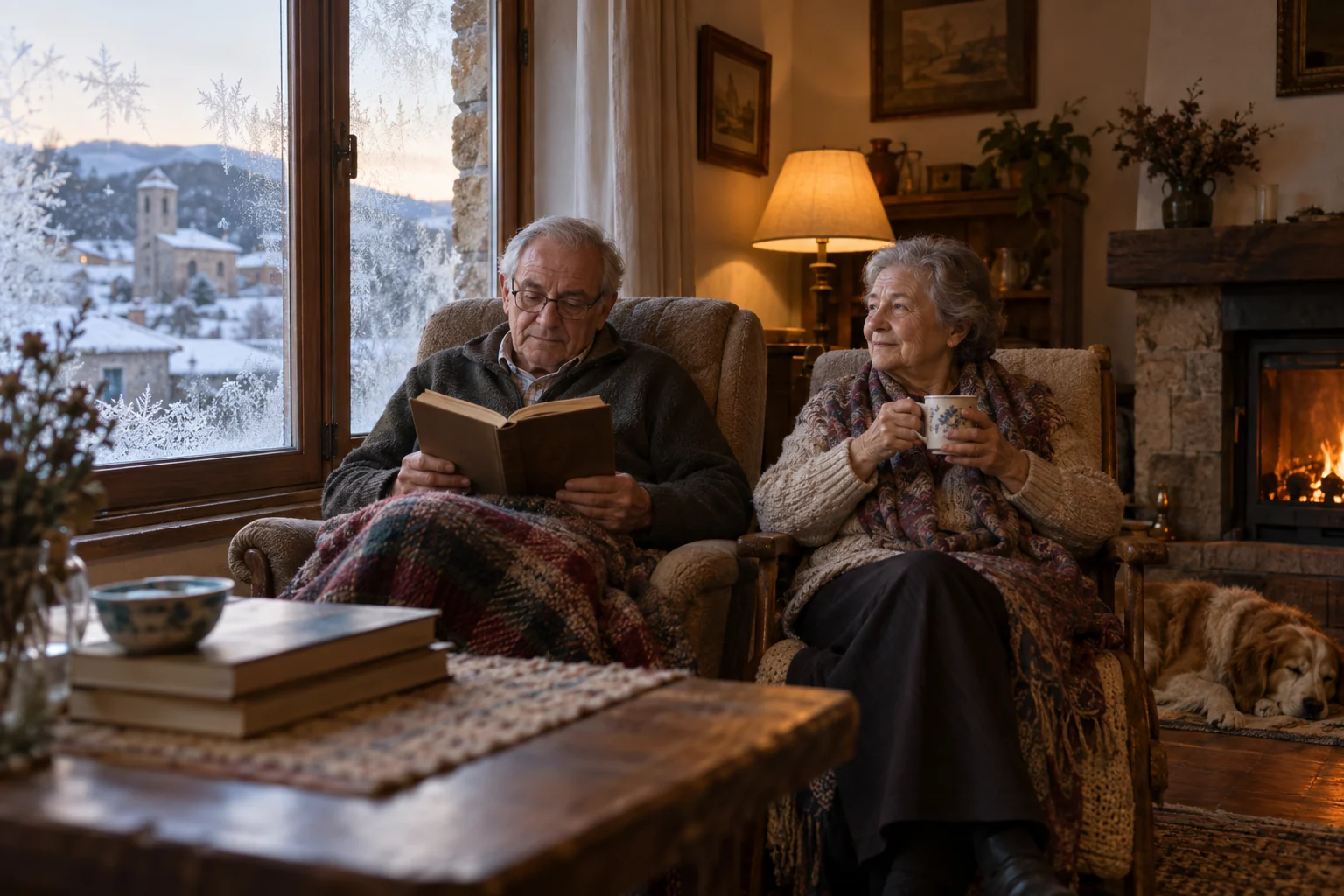Pareja mayor descansando junto a la ventana de un salón cálido mientras nieva fuera
