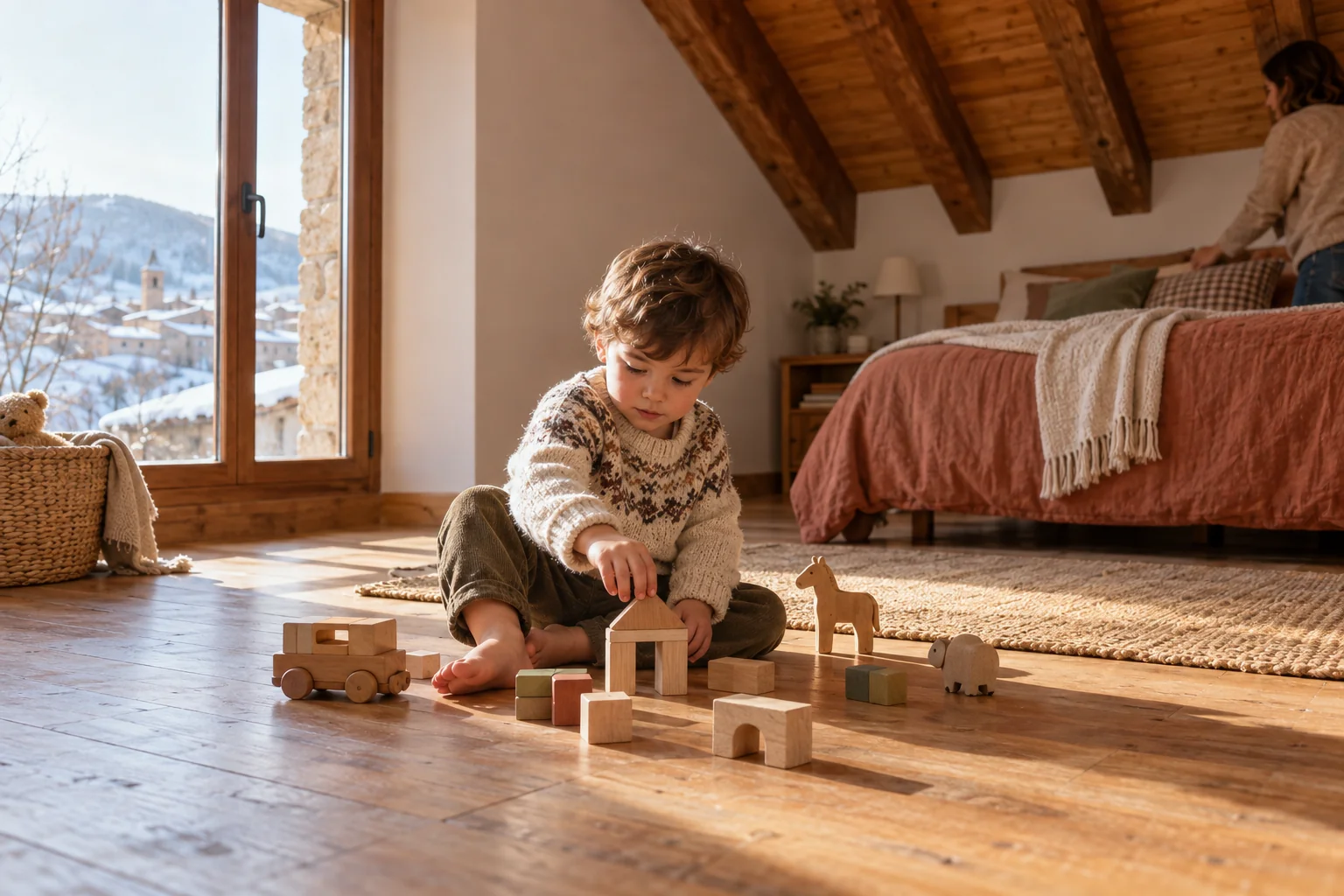 Niño jugando descalzo en el suelo de madera de un dormitorio abuhardillado en invierno
