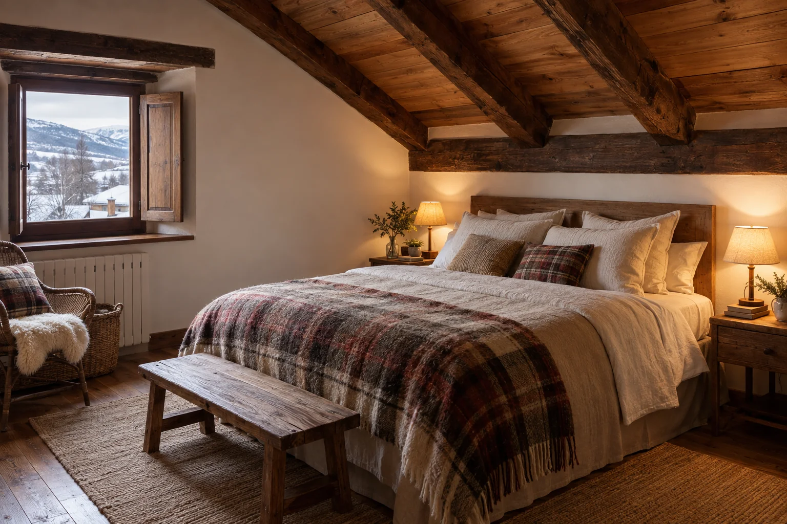 Dormitorio bajo cubierta con vigas de madera, cálido en pleno invierno