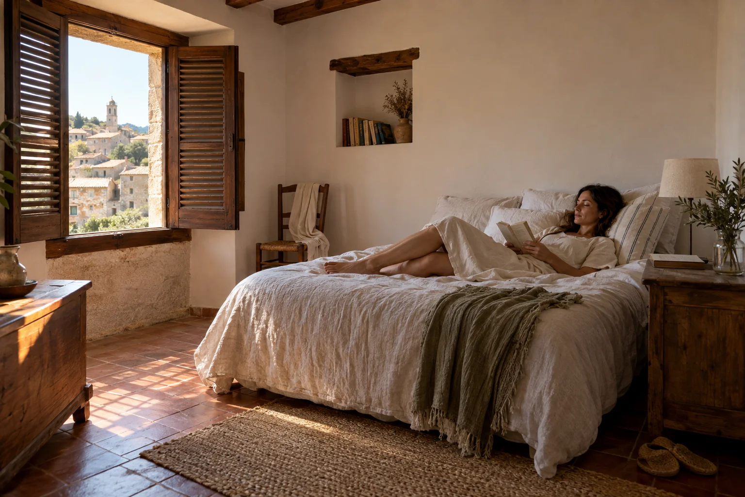 Mujer leyendo tranquila en un dormitorio fresco en pleno verano